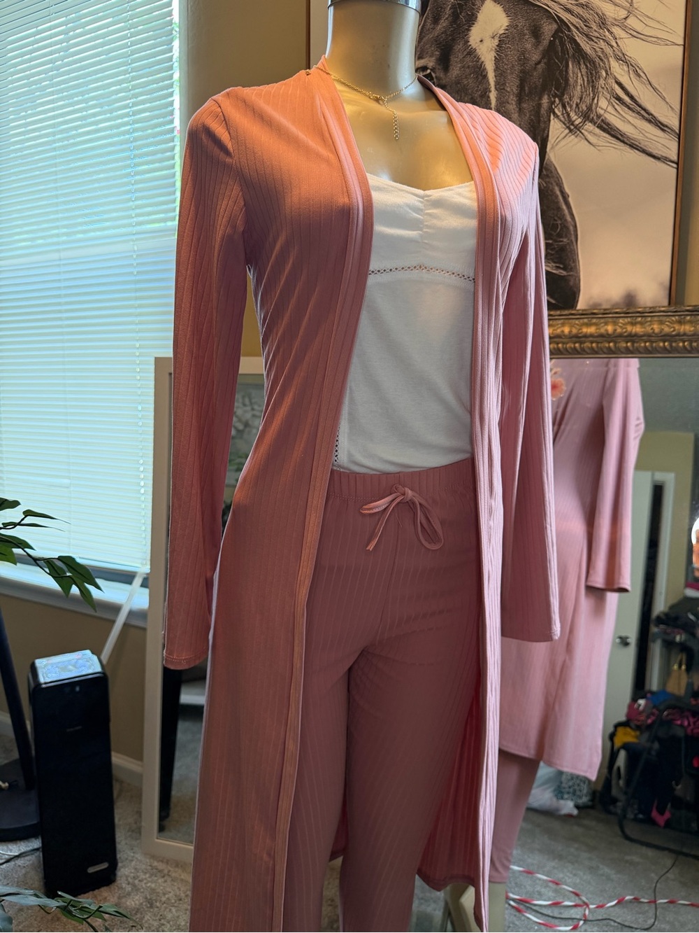 Pink Ribbed 2-Piece Duster Cardigan & Pants Set - Size S